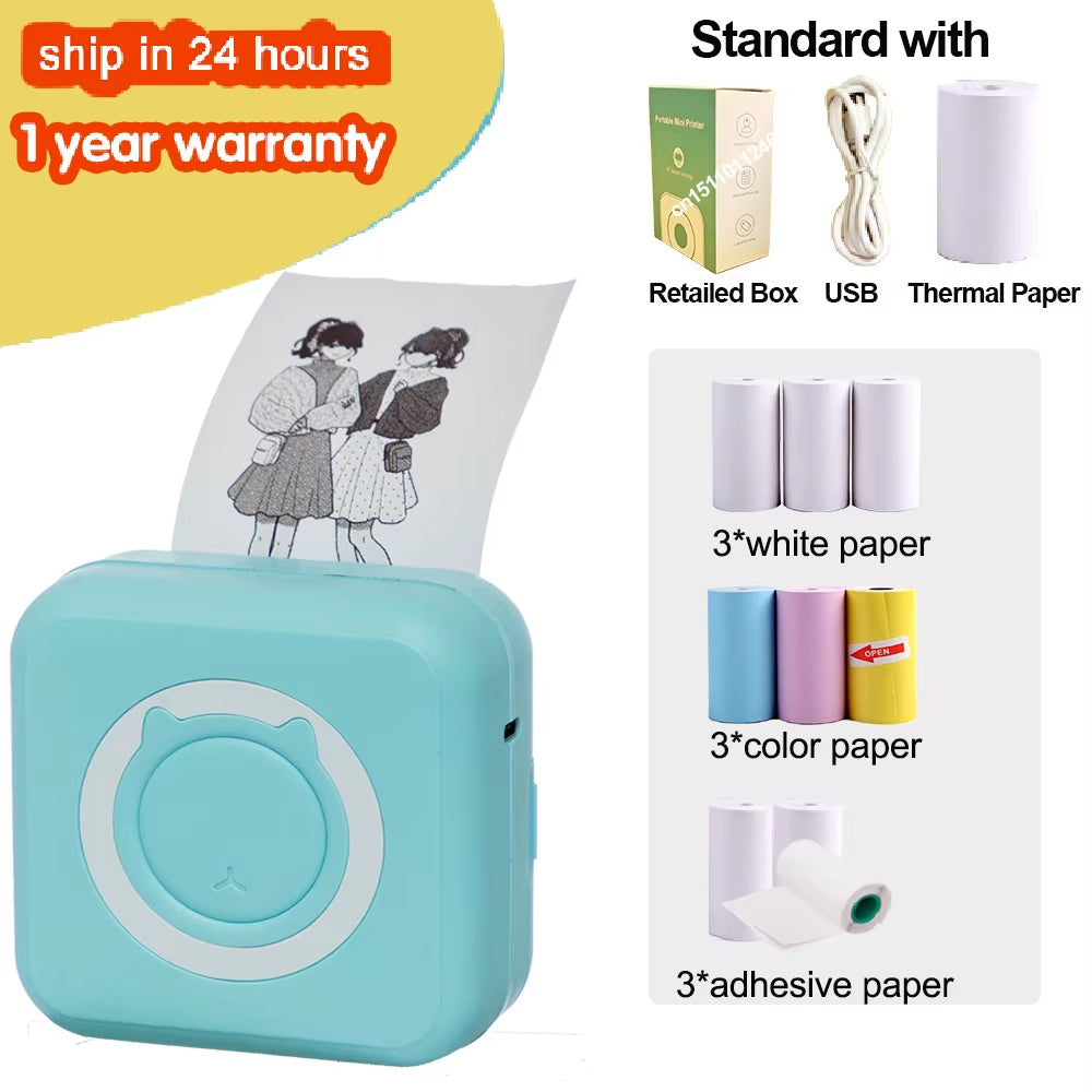 Portable Mini Thermal Printer Wirelessly BT 203Dpi Photo Label Memo Wrong Question Printing Paper USB Cable Imprimante Portable